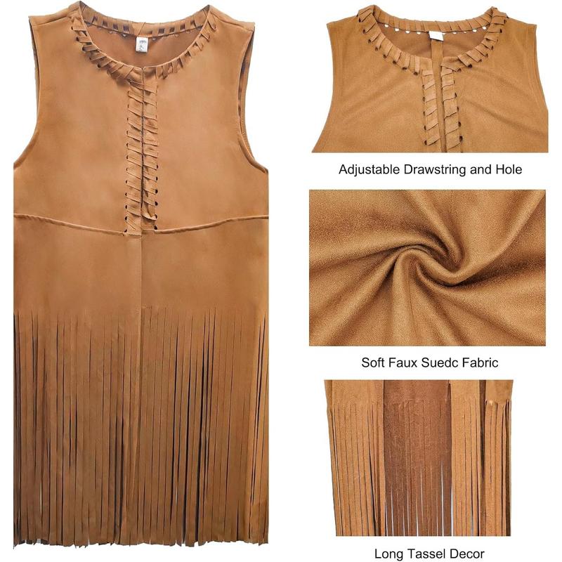 Western Cowgirl Outfits for Women Cowgirl Fringe Vest Cowboy Hat Necklace Bandana,70s Hippie Costume for Halloween