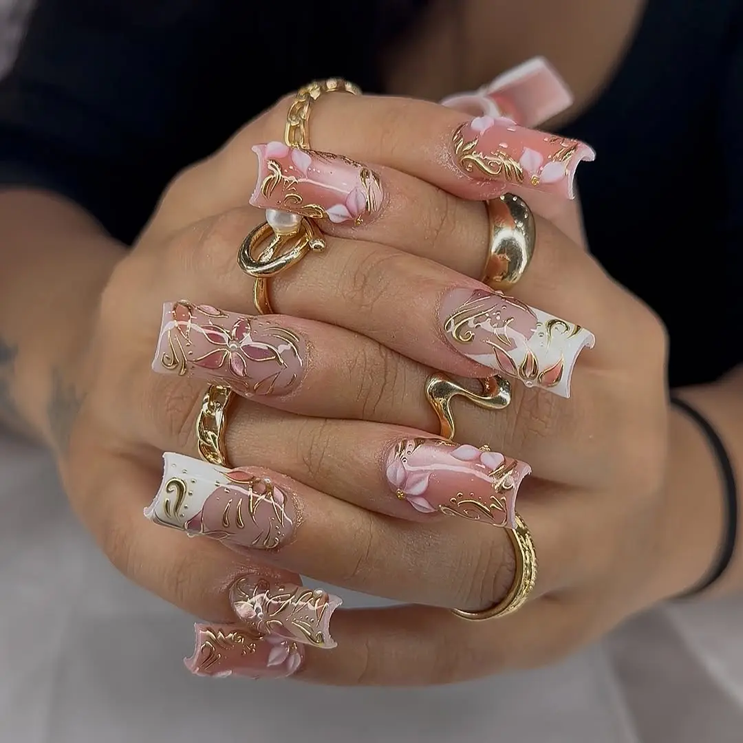 Aura Nails - Blush Bloom Luxury Press On Nails  Pink White 3D Flower Long Square Fake Nails Reusable