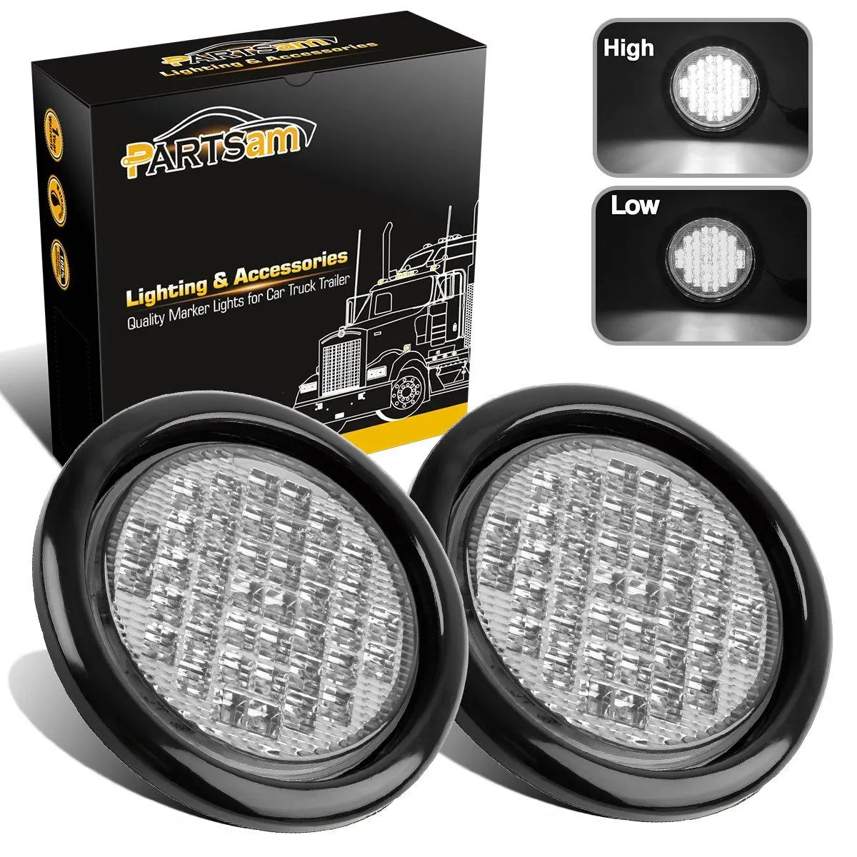 Partsam 2pcs 4" Round LED Trailer Tail Lights - 40 White LED Reverse Back up Trailer Lights for RV Trucks, Waterproof Sealed Round led Reverse Fog Lights Flush Mount for Truck Trailer Boat Bus