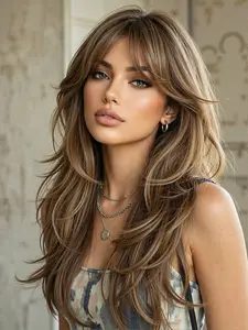 Warm Caramel Balayage Wavy Wig with Curtain Bangs, Heat Resistant Synthetic Hair