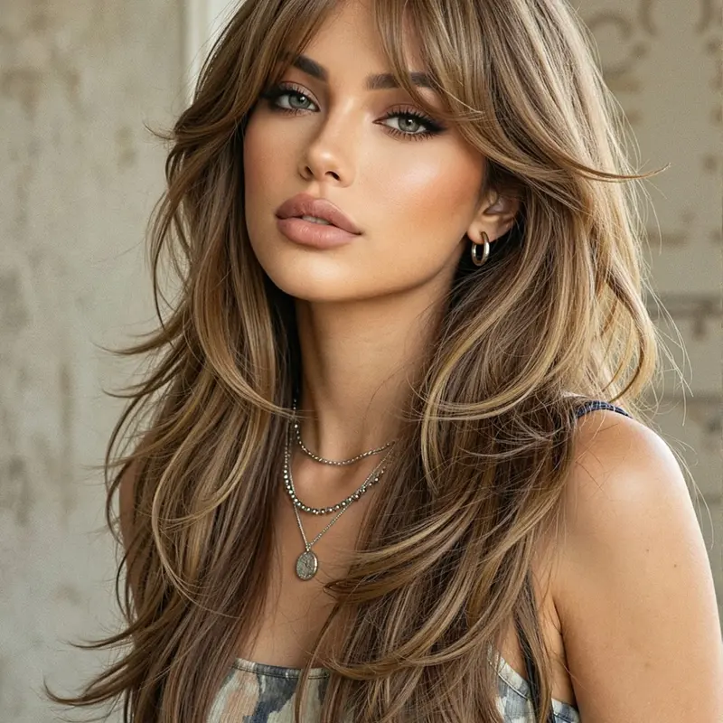 Warm Caramel Balayage with Curtain Bangs, Heat Resistant Synthetic Hair, Wavy Synthetic Wigs
