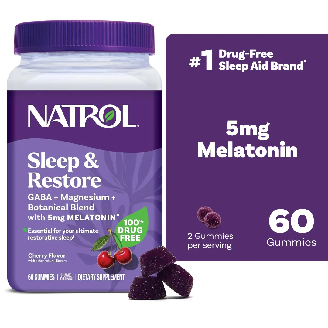 Natrol Sleep + Restore Magnesium Glycinate Blend Gummies with Melatonin 5mg - Calm Magnesium with GABA, Botanical Blend, Cherry Flavor, 60 Gummies