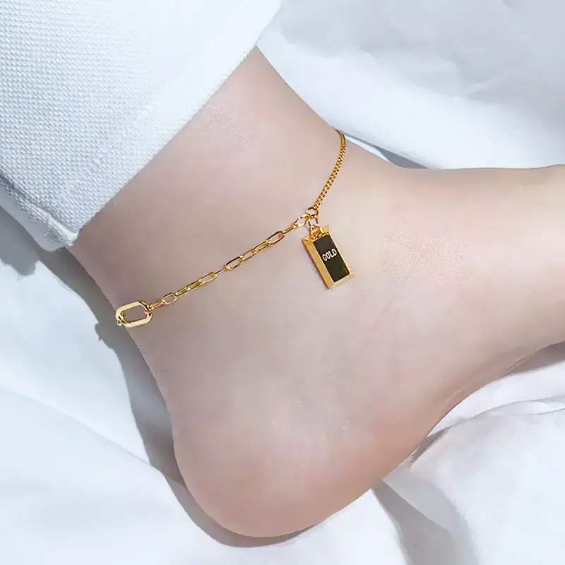 new summer fashion get rich gold brick anklet titanium steel 18K gold niche design ankle chain foot chain