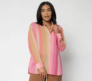 Susan Graver Regular Printed Chiffon Long Sleeve Button Front Tunic