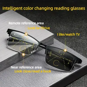 TR90 Photochromic Progressive Multifocal Glasses Smart Anti-Blue Light Auto Color Changing Auto Zoom Steel Frame Bifocals for Men and Women