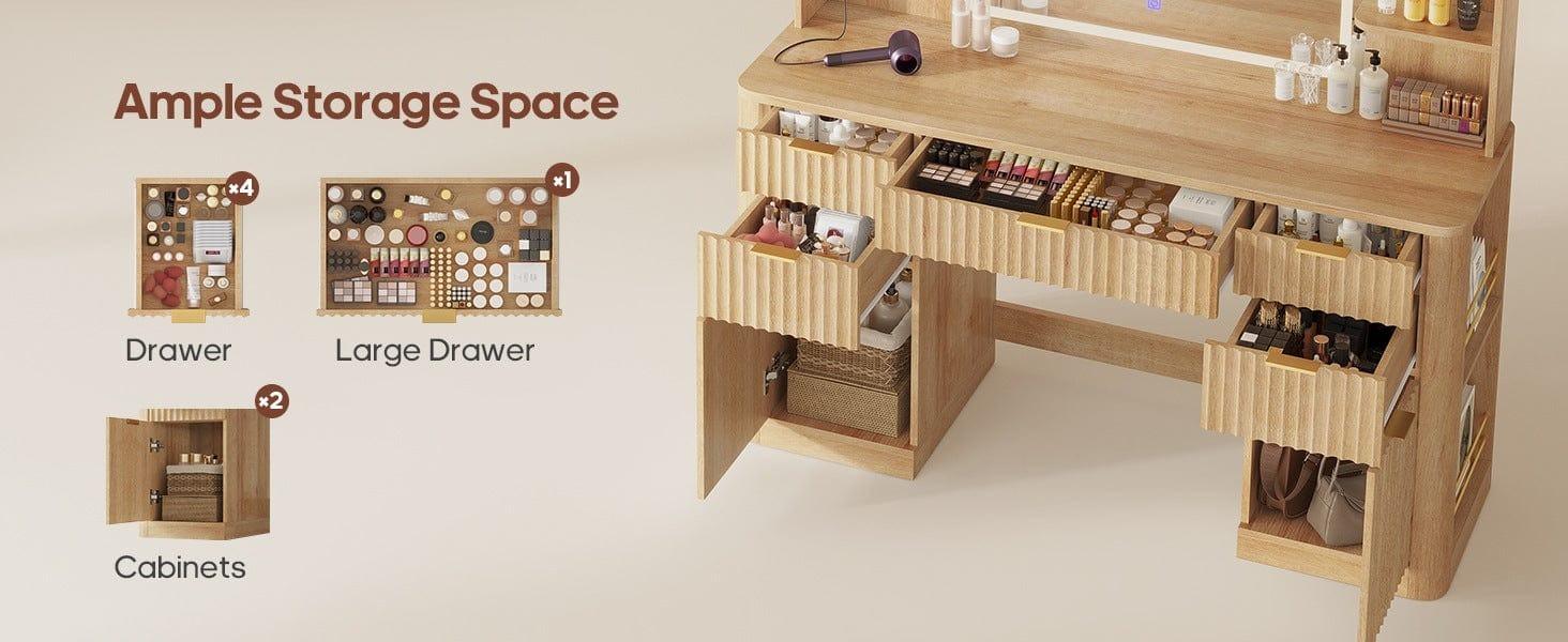 Sikaic 51.2" Fluted Makeup Vanity Desk with 30.3" Lighted Mirror, 5 Drawers, 6 Open Shelves & 2 Cabinets, Power Strip Included, Modern Oak Dressing Table with Solid Wood Legs for Bedroom