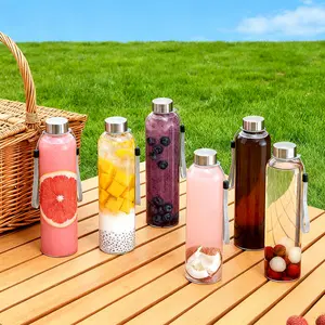 (Set of 5)Glass Water Bottles with Stainless Steel Cap 14oz 25 oz & 33 oz Clear Juice Bottles 100% Leak Proof Reusable BPA-Free for Juicing Refrigerator Storage On-the-Go Hydration - Drinkware,Gift for Him & Her Tumbler Mug Cup Washable Bottled Portable t
