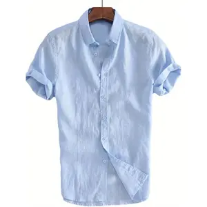 Clearance Men'S Linen Short Sleeve Loose Shirt Turndown Collar Simple Style Plain Color Top Cloth