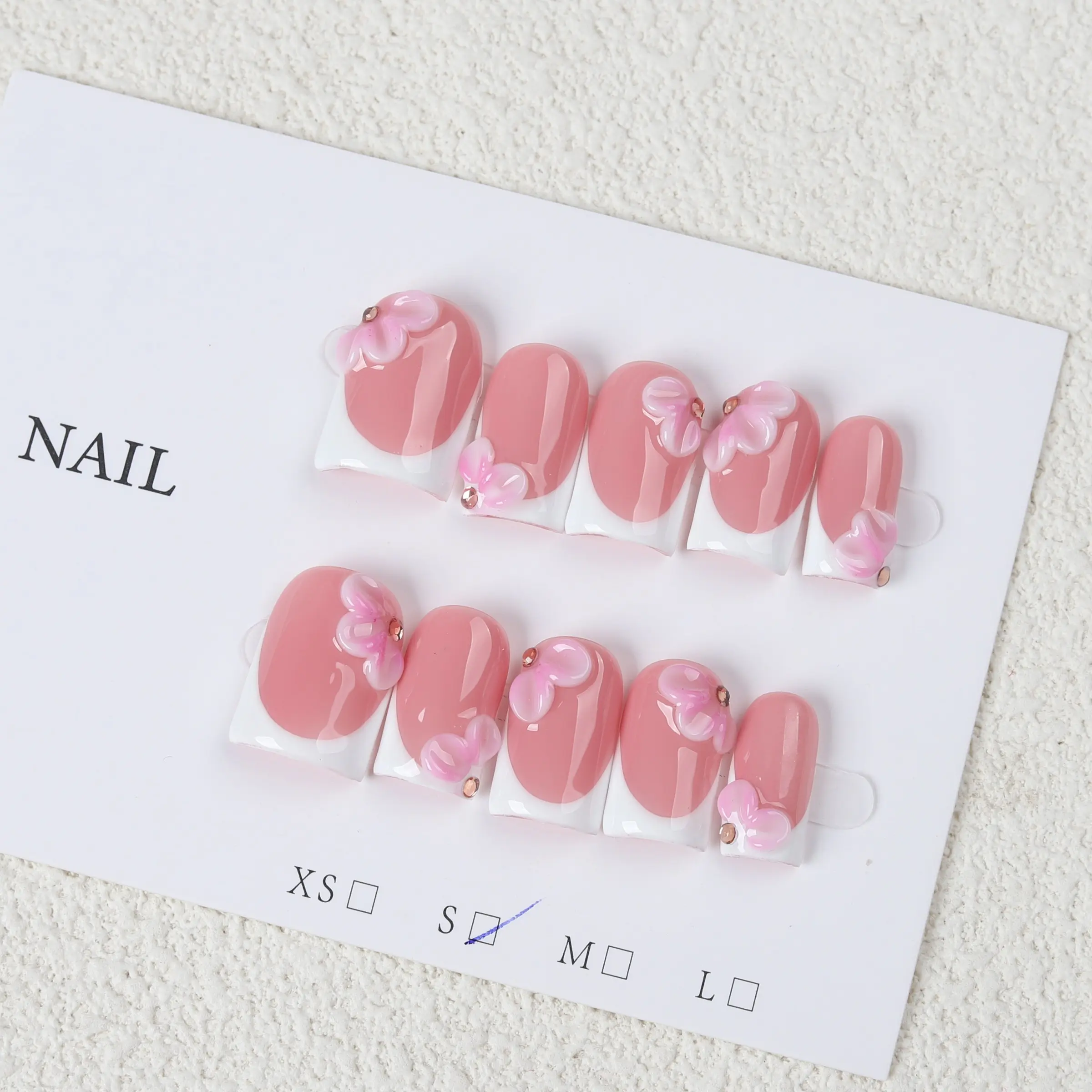 10-Piece Short Square Shaped Handmade Press On Nails, Pink French Style With 3D Flower And Rhinestone Decor, Nude Pink Full Cover False Nails For Daily Wear, Party, Dating, Women And Girls, Handmade Acrylic Nails, Acrylic Nail Set