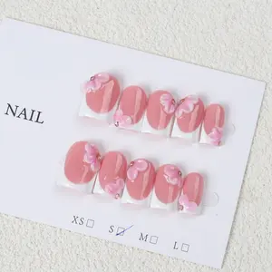 10-Piece Short Square Shaped Handmade Press On Nails, Sweet Pink French Style With 3D Flower And Rhinestone Decor, Nude Pink Full Cover False Nails For Daily Wear, Party, Dating, Women And Girls Manicure