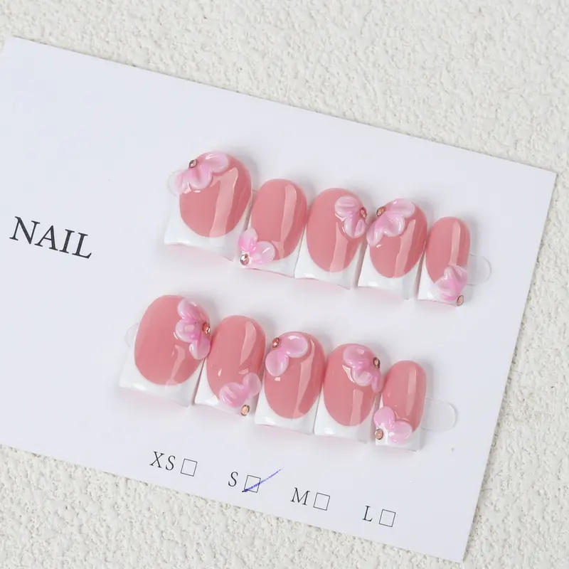10-Piece Short Square Shaped Handmade Press On Nails, Pink French Style With 3D Flower And Rhinestone Decor, Nude Pink Full Cover False Nails For Daily Wear, Party, Dating, Women And Girls, Handmade Acrylic Nails, Acrylic Nail Set, Press On Nails Design
