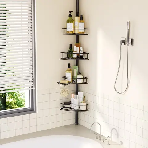 Black Stainless Steel Corner Tension Pole Caddy - 4-Tier Adjustable Rod Shower Organizer with Rubber Easy-Installation Shelves, Soap Holder, Rustproof Coating, 10 lbs Max, Waterproof for Family Bathtub Shampoo Storage (30.7-118in) Bathroom Gadget