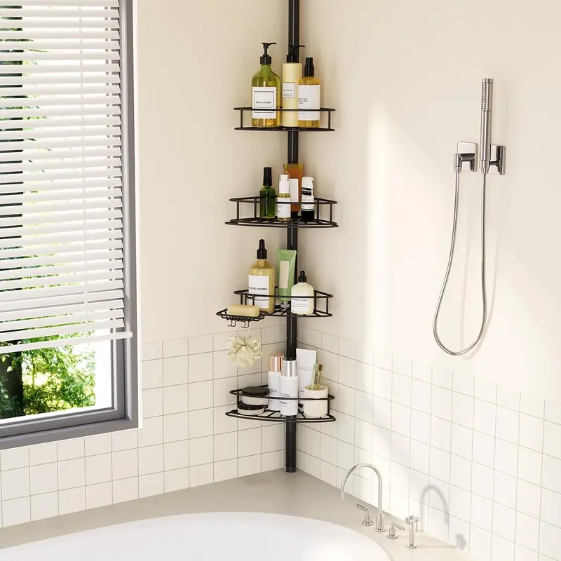 Black Stainless Steel Corner Tension Pole Caddy - 4-Tier Adjustable Rod Shower Organizer with Rubber Easy-Installation Shelves, Soap Holder, Rustproof Coating, 10 lbs Max, Waterproof for Family Bathtub Shampoo Storage (30.7-118in) Bathroom Gadget