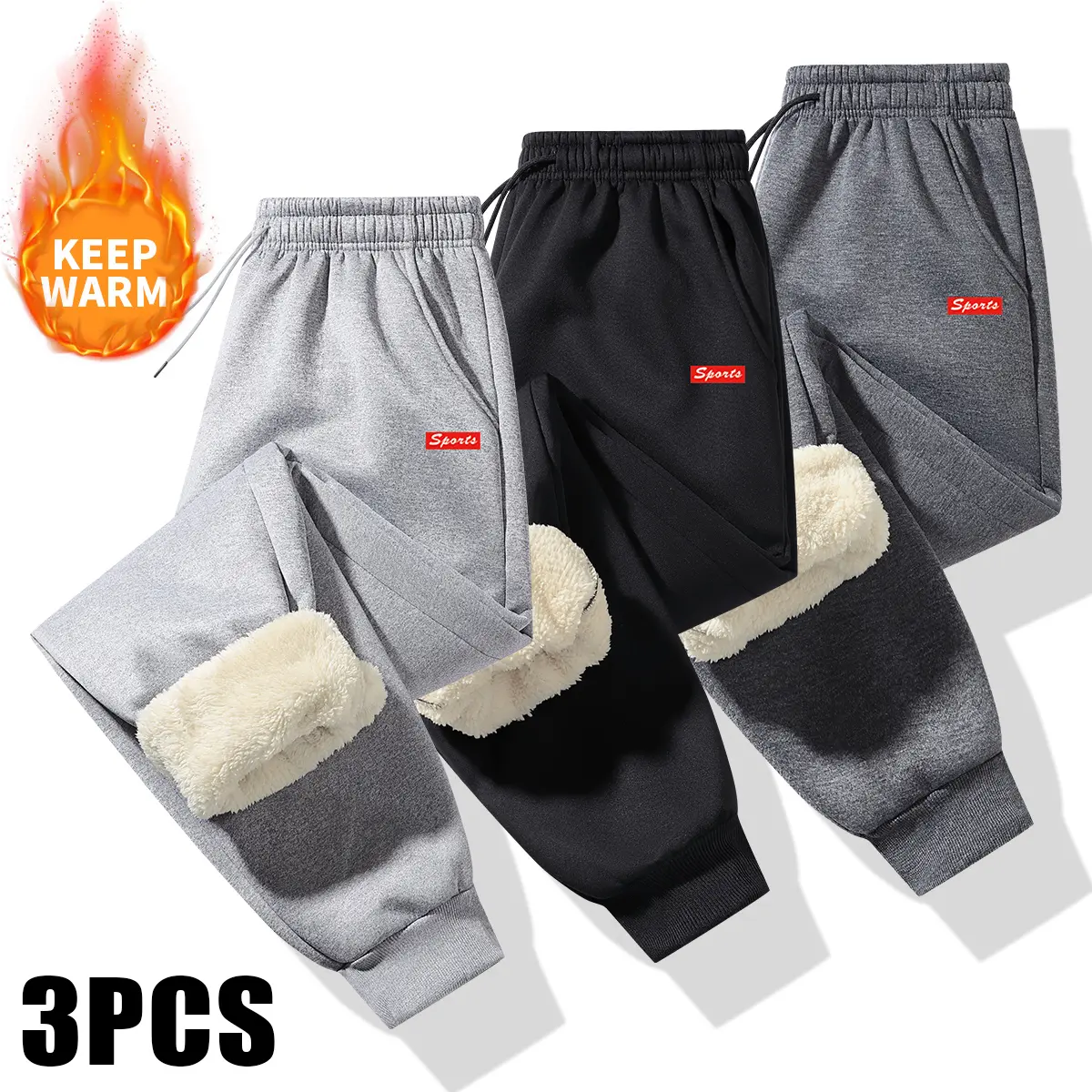 Men's 3-Pack Sporty Chic Sweatpants, Solid Color Regular-Fit Thick Sherpa-Lined Fleece for Autumn Winter Warmth, M
