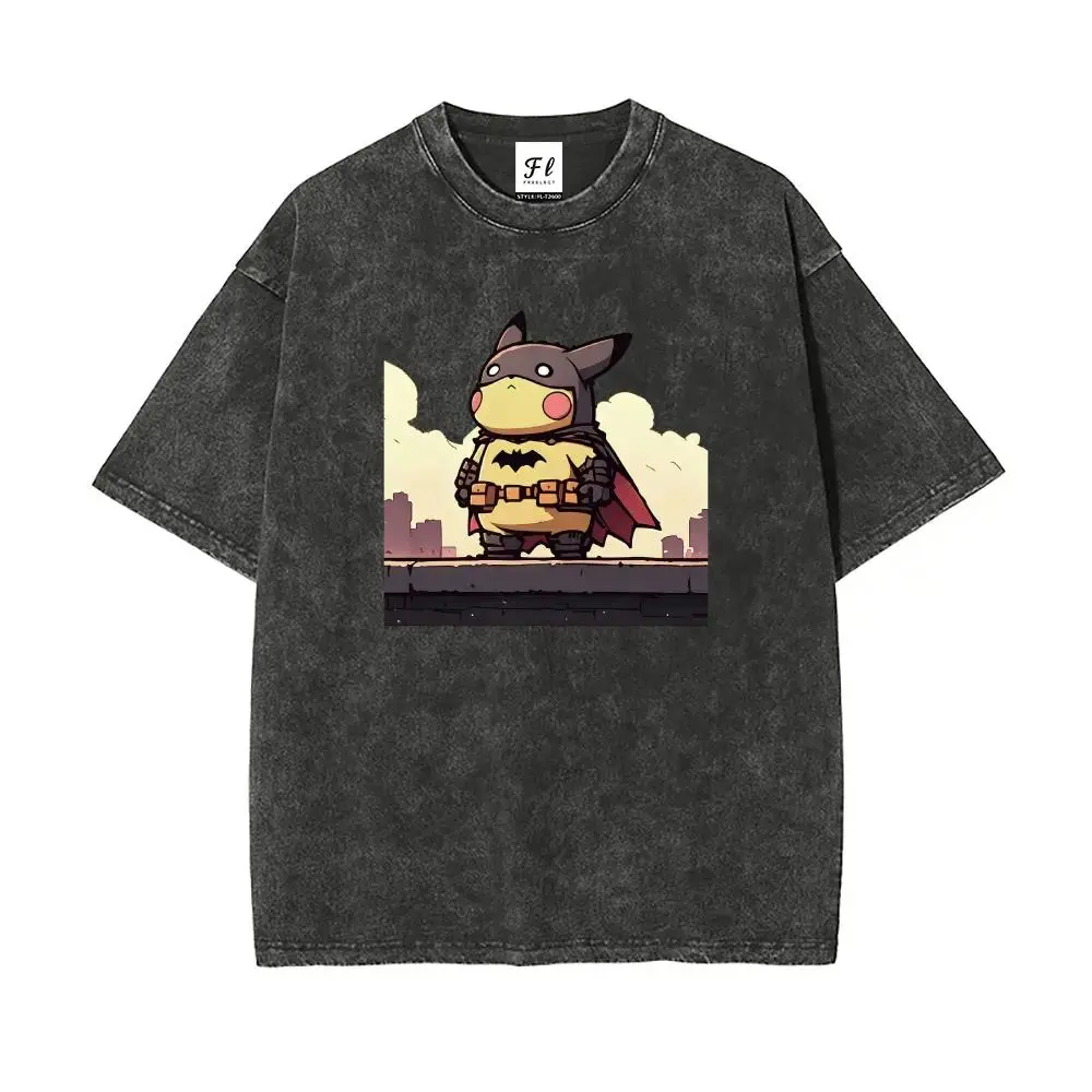 Men's Vintage Acid Wash Pika-Batman Unisex Graphic Tee - Heavyweight Cotton Fabric, Garment Dyed, Stretch, Short-Sleeve, Round Neck, Drop Shoulder Oversized Fit Streetwear