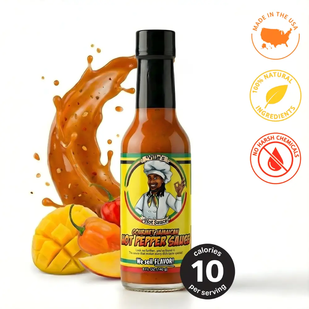 Ville's Jamaican Hot Pepper Sauce - Authentic Jamaican Flavor, All Natural, Low Calorie, Low Carb, No Fat, Versatile for Chicken, Pork, Beef, Seafood, Tofu, Oxtails, Rice & Peas, Tortilla Chips, Noodles, Vegetables