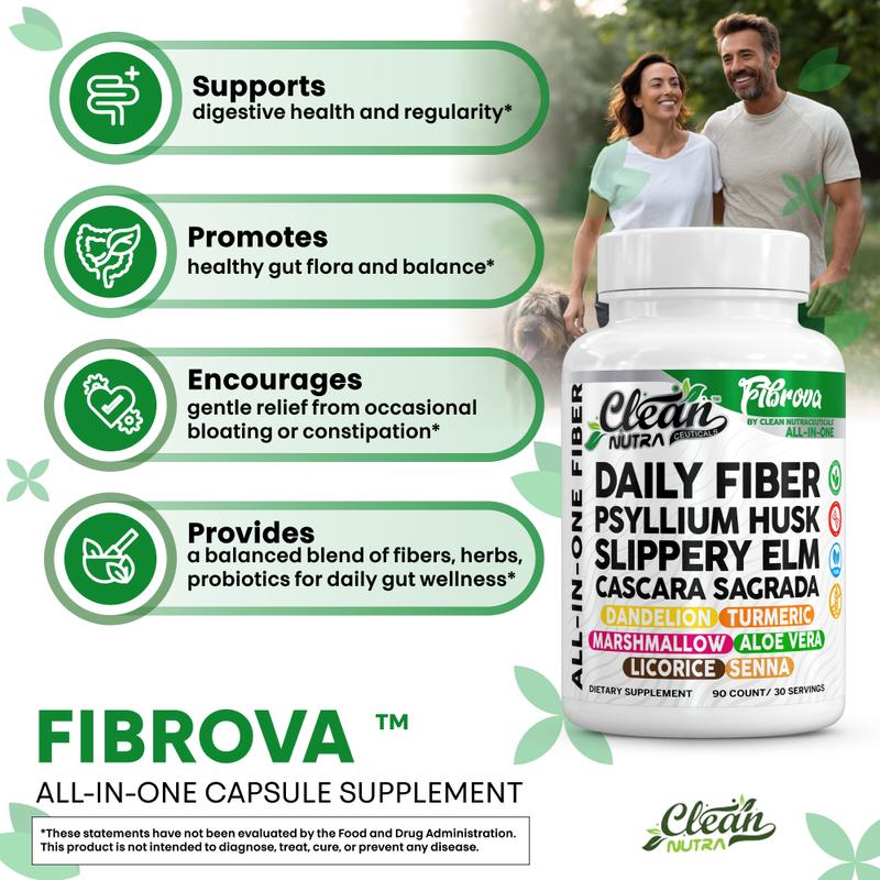Clean Nutra Psyllium Husk, Slippery Elm & Aloe Vera Fiber Supplement for Digestive Health & Daily Fiber Support - Fibrova