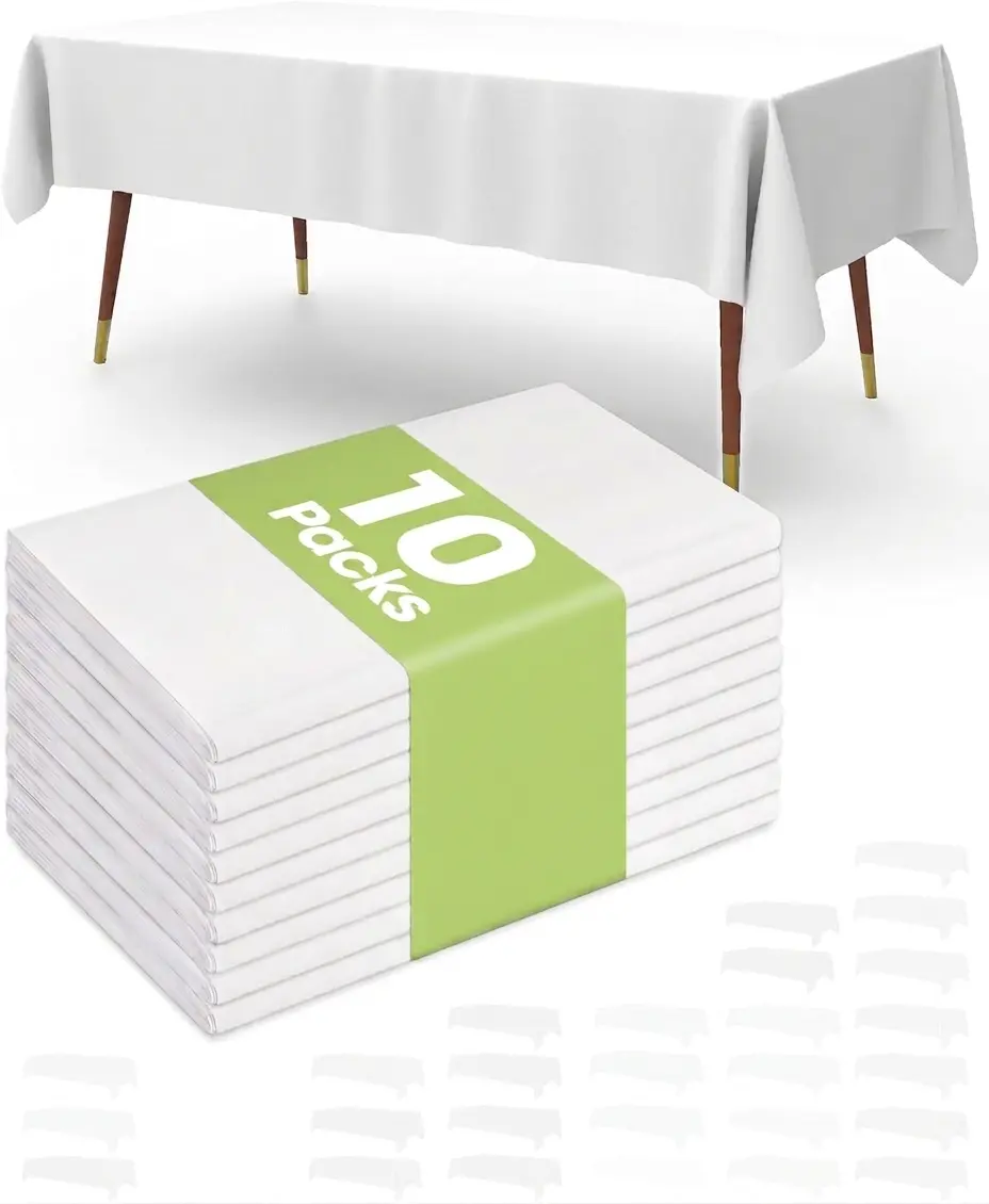 10 Pack White Disposable Plastic Table Cloth 54 x 108 Inch | Rectangle Table Covers for Party, Picnic, Wedding & Events