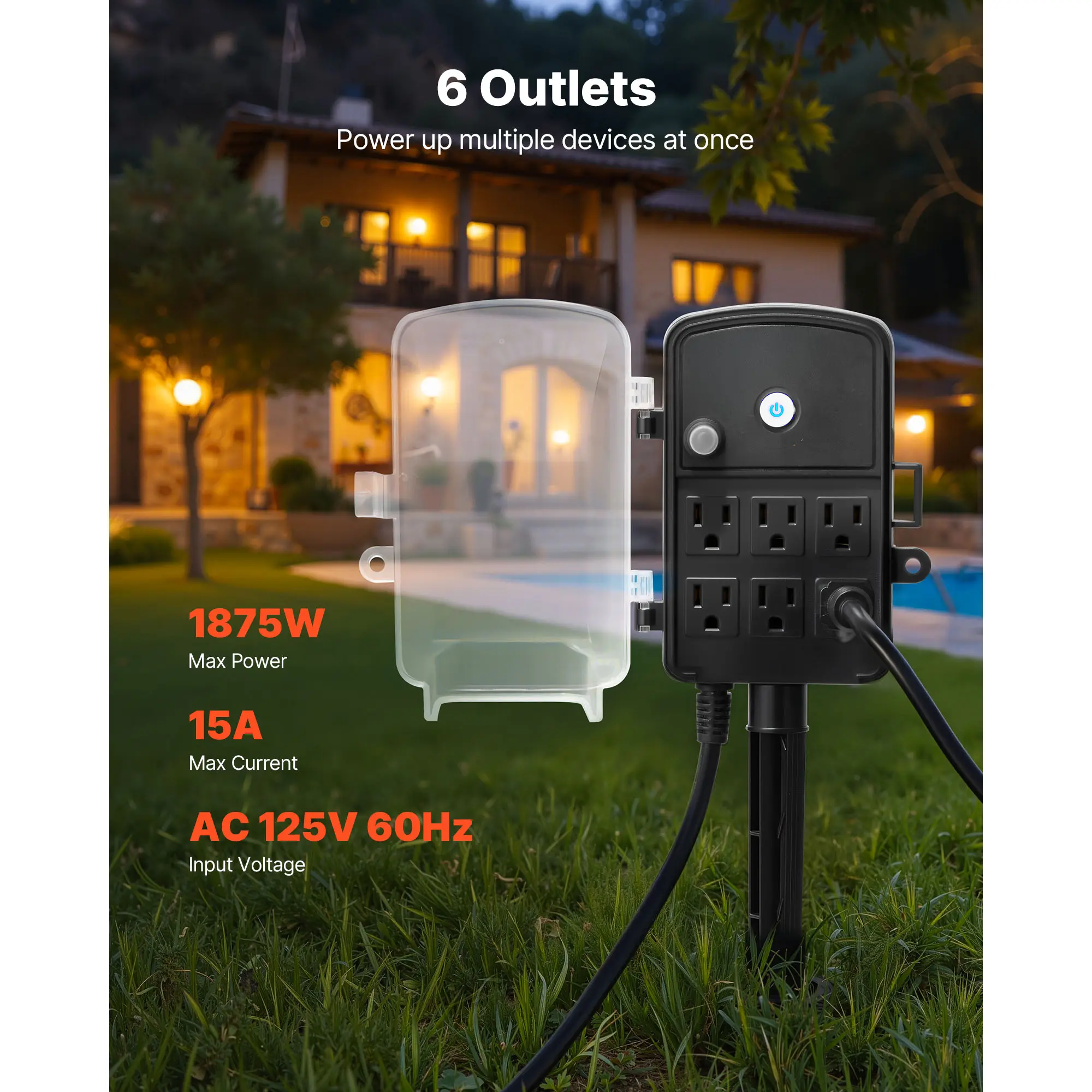 【summerfinds】VEVOR Outdoor Power Stake, 25 FT Extension Cord, Outdoor Power Strip Weatherproof with Cover and Overload Protection, 6 Outlets, 15A/1875W, Waterproof Multi-Outlet Yard Stake for Christmas Lights
