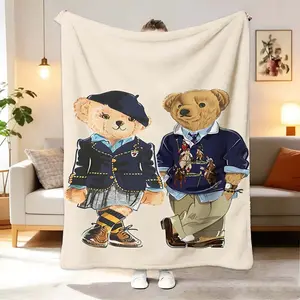 Polo Bear Print Blanket, 100% Flannel Throw, Contemporary Style, Soft and Comfortable, Travel Sofa Bed, Office Home Decor, Birthday Gift, Cozy Throw Blanket