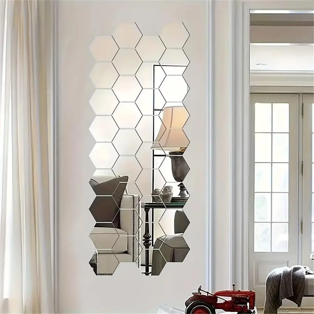 Hexagon Mirror Wall Stickers, 24/36/48PCS Waterproof Removable Acrylic Plastic Tiles, DIY Home Decor Room Accessories for Living Room Bedroom TV Background Wall