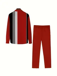 Men's 6-Piece Chic Light Luxury Striped Long-Sleeve Shirt & Trousers Sports Set - Mixed Colors, Embellished Menswear, Multi-Size All-Seasons Outfit Ideal for Halloween Dress-Up