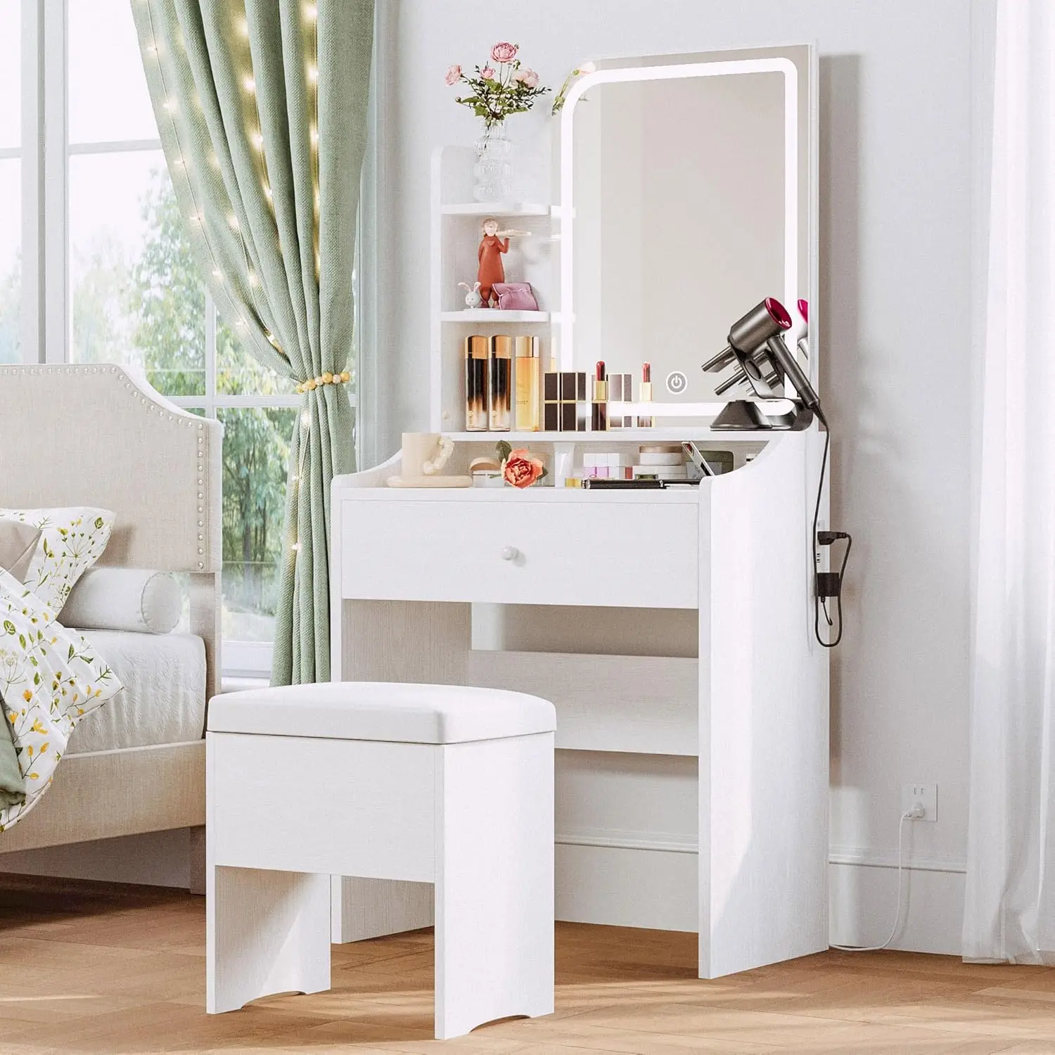 Small Makeup Vanity Desk with Mirror and Lights, Vanity Table Set with Storage Drawer, Chair and Three Shelves, Bedroom, Pink