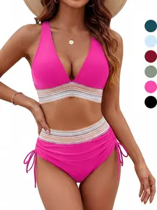 Women's Triangle Bathing Suit, Textured Halter 2-Piece Set with U-Wire Cutout and High Waisted Tummy Control