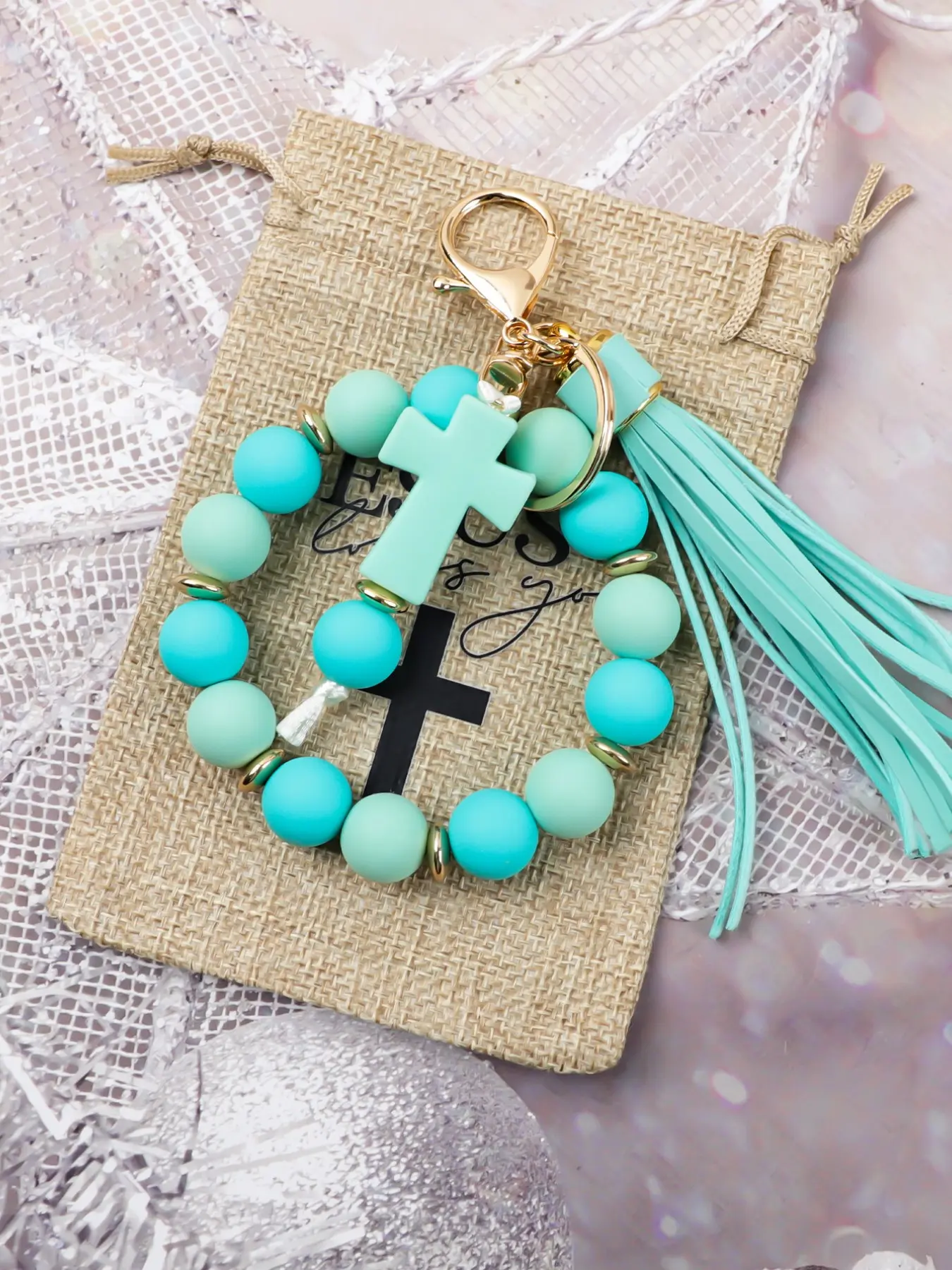 Cross Beaded Wrist Keychain, Faith Theme Key Ring, Cute Car Key Holder, Bag Accessory, Key Accessories, Gift for Women, Holiday Present, Trendy Cute Keychain, Stylish Keychain, Key Chain for Car Keys