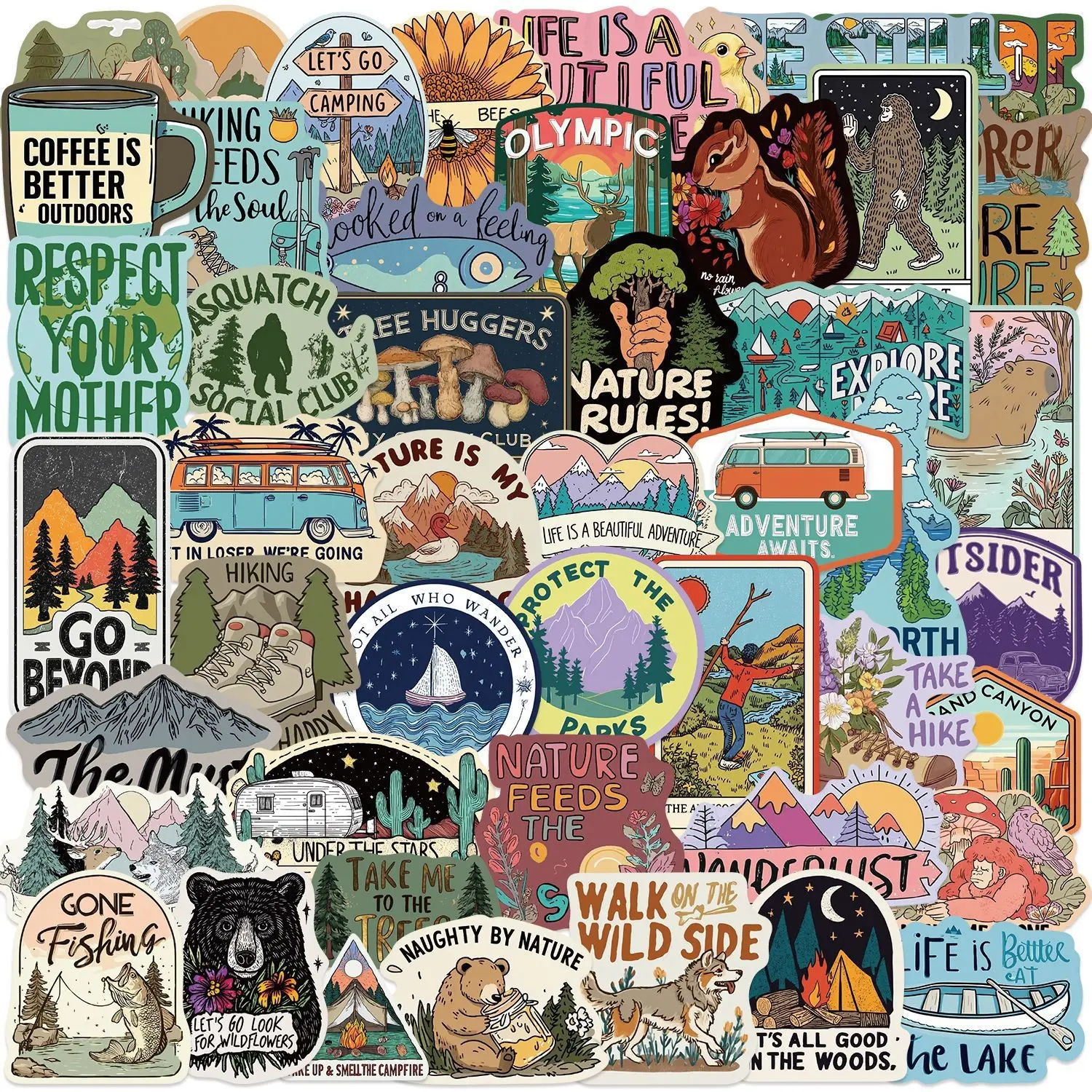 50pcs Camping Stickers, Waterproof Vinyl Stickers for Laptop, Travel, Hiking, Bike, Bumper, Suitcase, Car, Wilderness, Nature, Sticker Decals