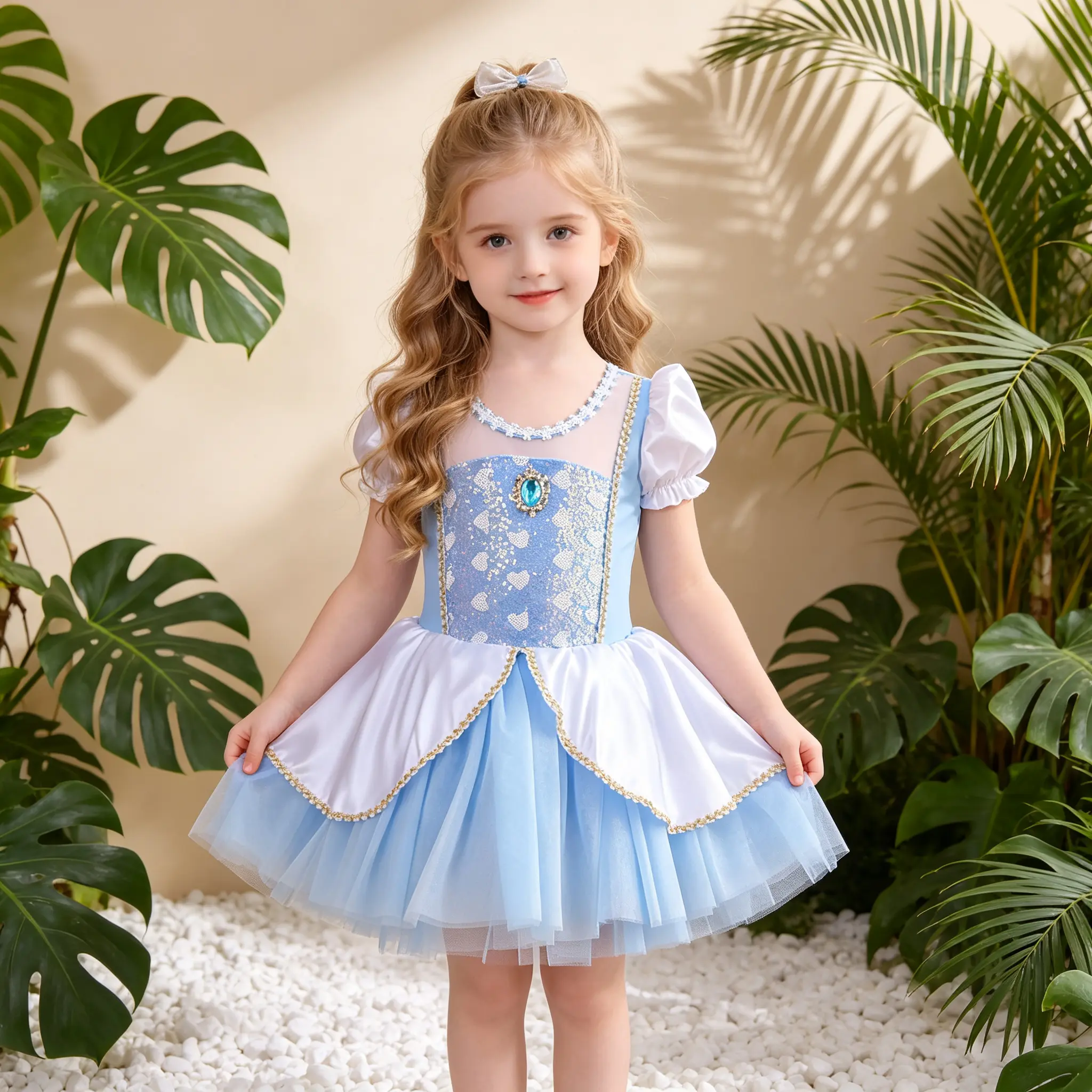 Girls' Ages 3-12 Princess Tutu Dress - Blue White, Short Puff Sleeves, Tulle Ball Gown with Gem Decor, Gold-Trim Layered Mesh Skirt, Slight Stretch, Sweet Look Kids Costume for Birthday Party, Halloween