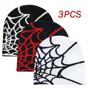 3‑Pack Spider Web Pattern Knit Beanie Hats, Y2K Streetwear Skull Caps, Soft Warm Winter Outdoor Headwear for Daily & Sports