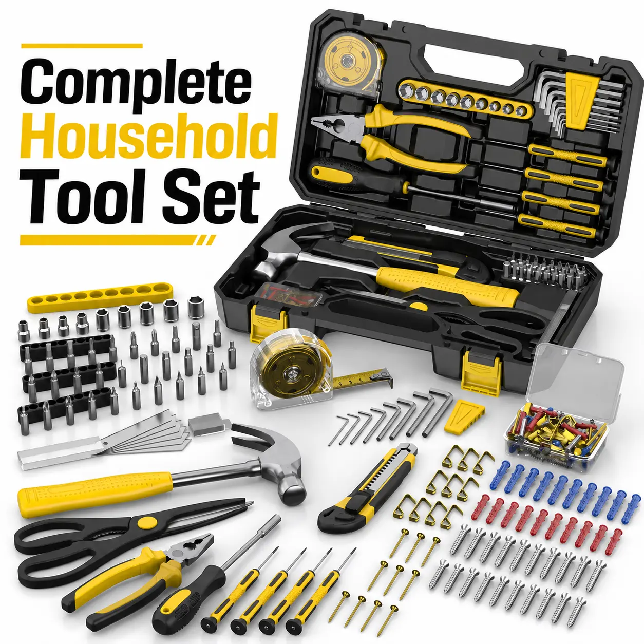 122-Piece Professional Hand Tool Set, Multi-Purpose Tool Kit with toolbox, Includes Hammer, Scissors, Pliers, Bit Set and Socket Set, Portable Design for Home Repair and Auto Maintenance, Ideal Gift for Handymen and Professionals.