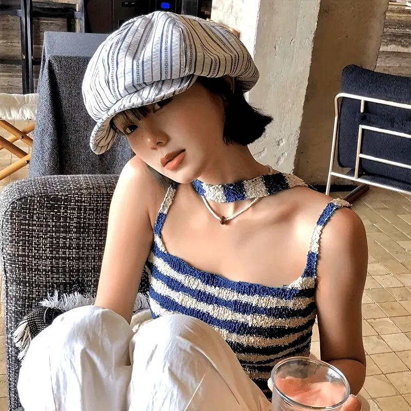 Women'S Vintage Striped Breton Cap - Breathable, Inelastic, Hand Washable, Ideal for Spring & Summer, Stylish and Versatile, Perfect for Casual and Street Fashion, Casual Headwear |       Stylish Headgear |       Comfortable Headwear
