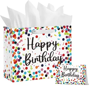 Birthday Gift Bag with Tissue Paper and Greeting Card, 13'x10.'x4.9', Large(1-Piece Set, Dots Streamers/Black Starry Sky, Unisex, Includes Card, Ribbon, Crinkle Paper), Gift for Birthday, Gift Packaging