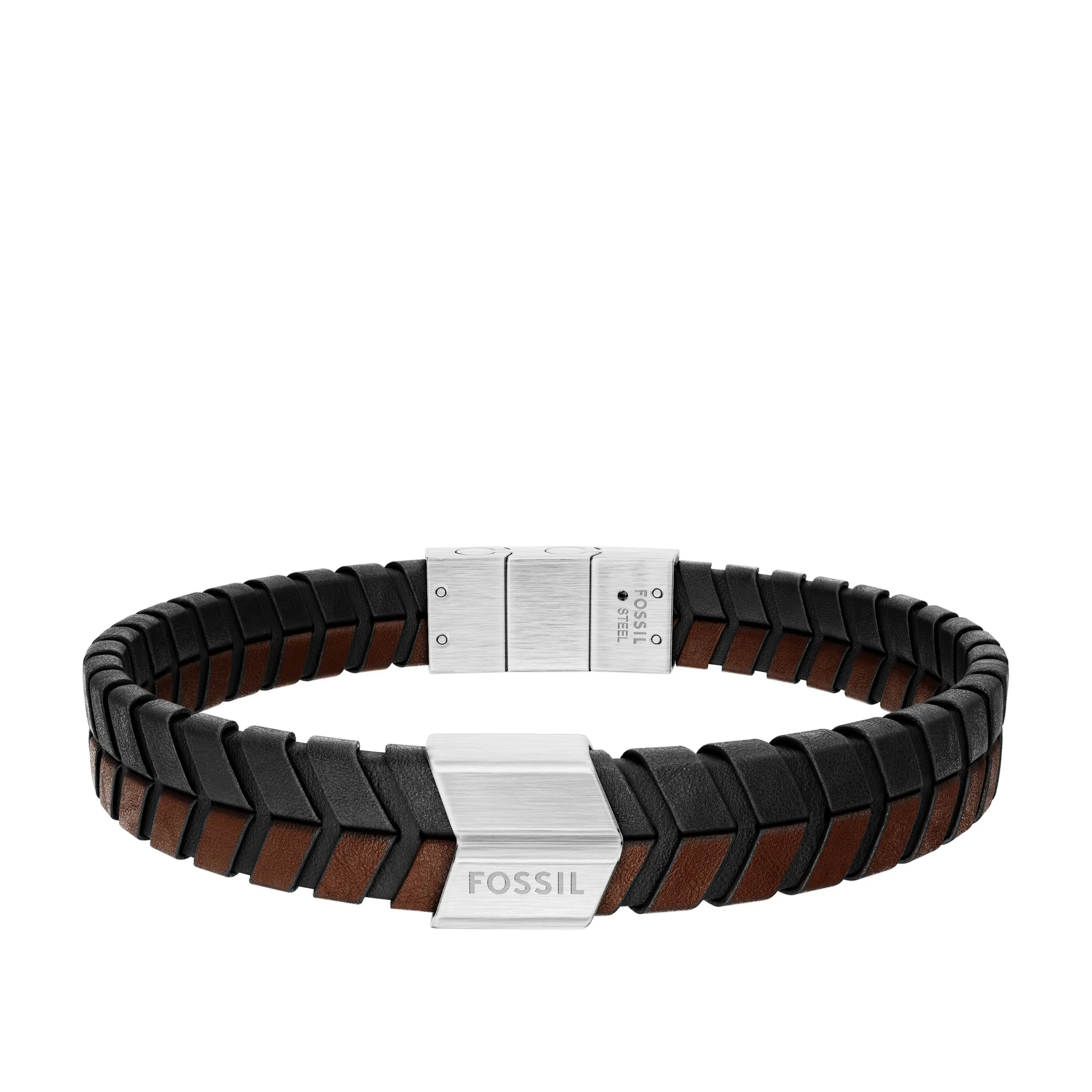 Fossil Men's Woven Black and Brown Leather Bracelet