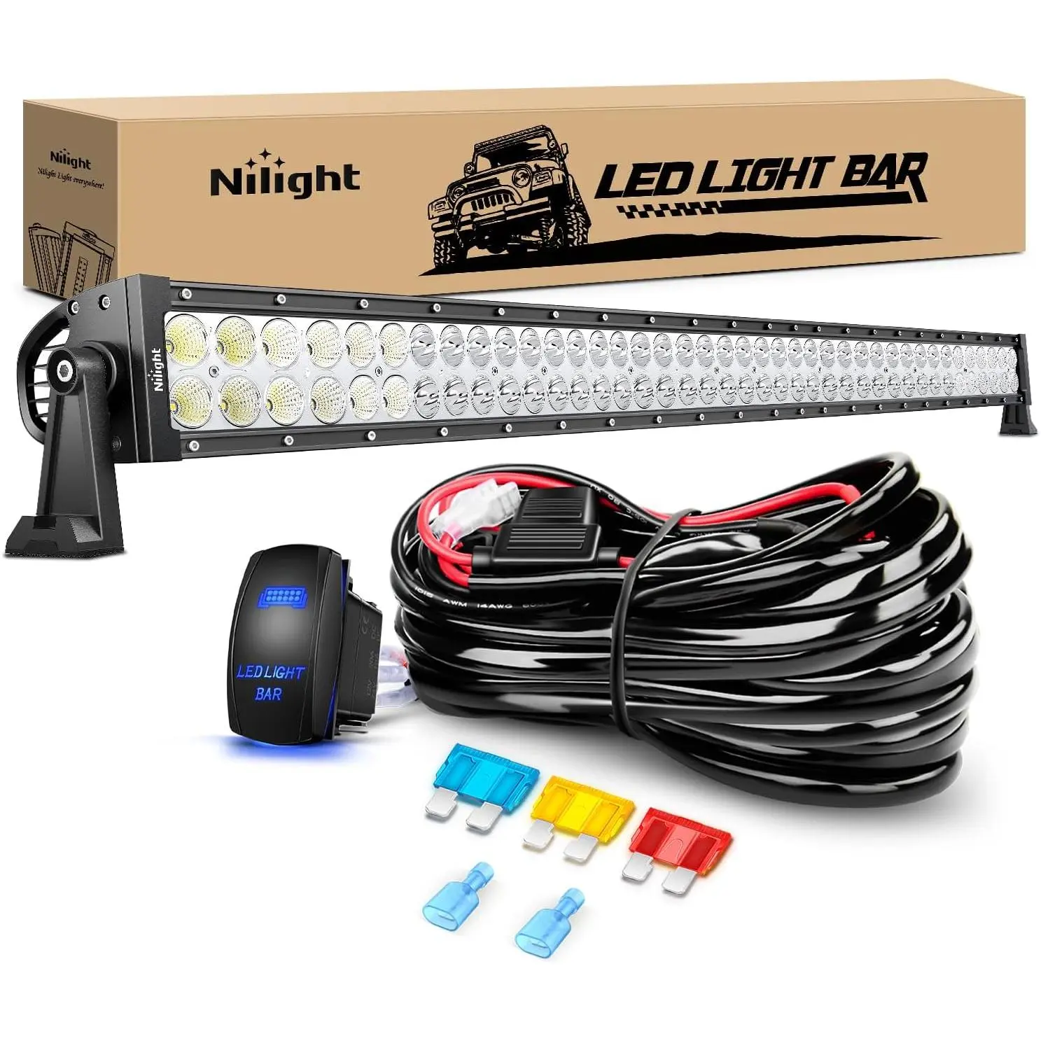 Nilight 42-Inch 240W Car LED Light Bar, Spot-Flood Combo with 14AWG 5-Pin Rocker Switch Wiring Kit, Adjustable Angle Side Mounting Brackets, Truck Accessories for Trucks, SUVs