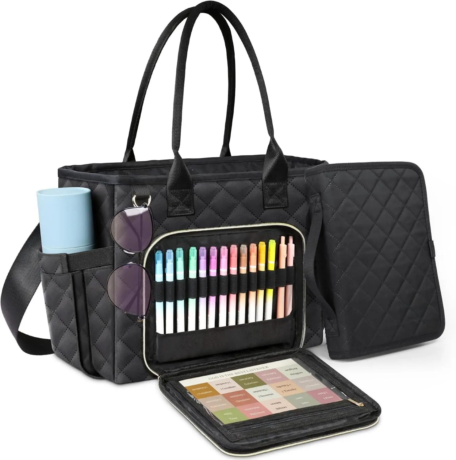 Large  Bag with  Cover Case for Women, Church Bag with  Strap, Quilted  Cover for  Study Supplies, a Christian  for Women, Black