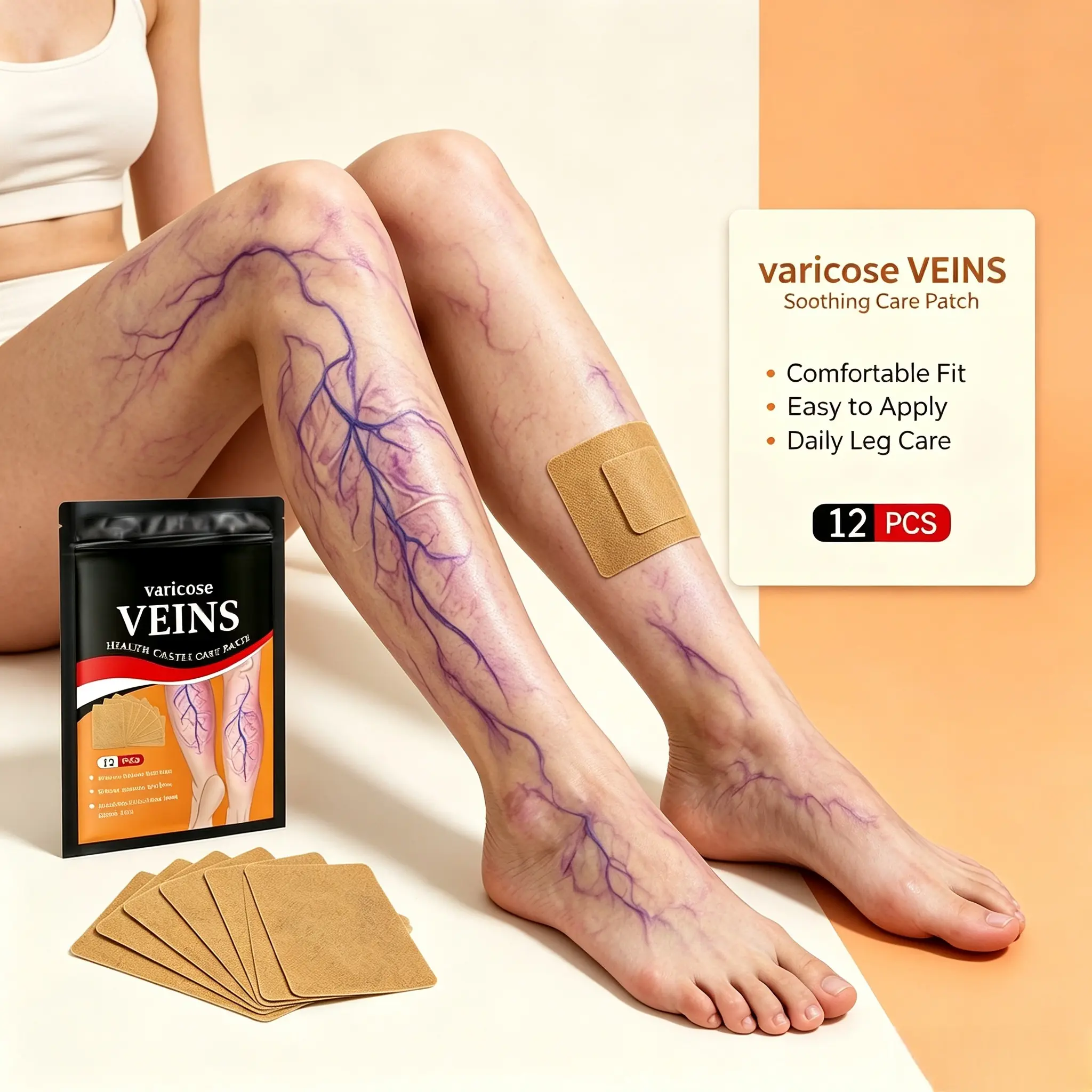 Varicose Veins Patch 12Pcs, Improve Leg Blood Circulation, Relieve Swelling & Pain, Minimize Spider Vein for Leg Care