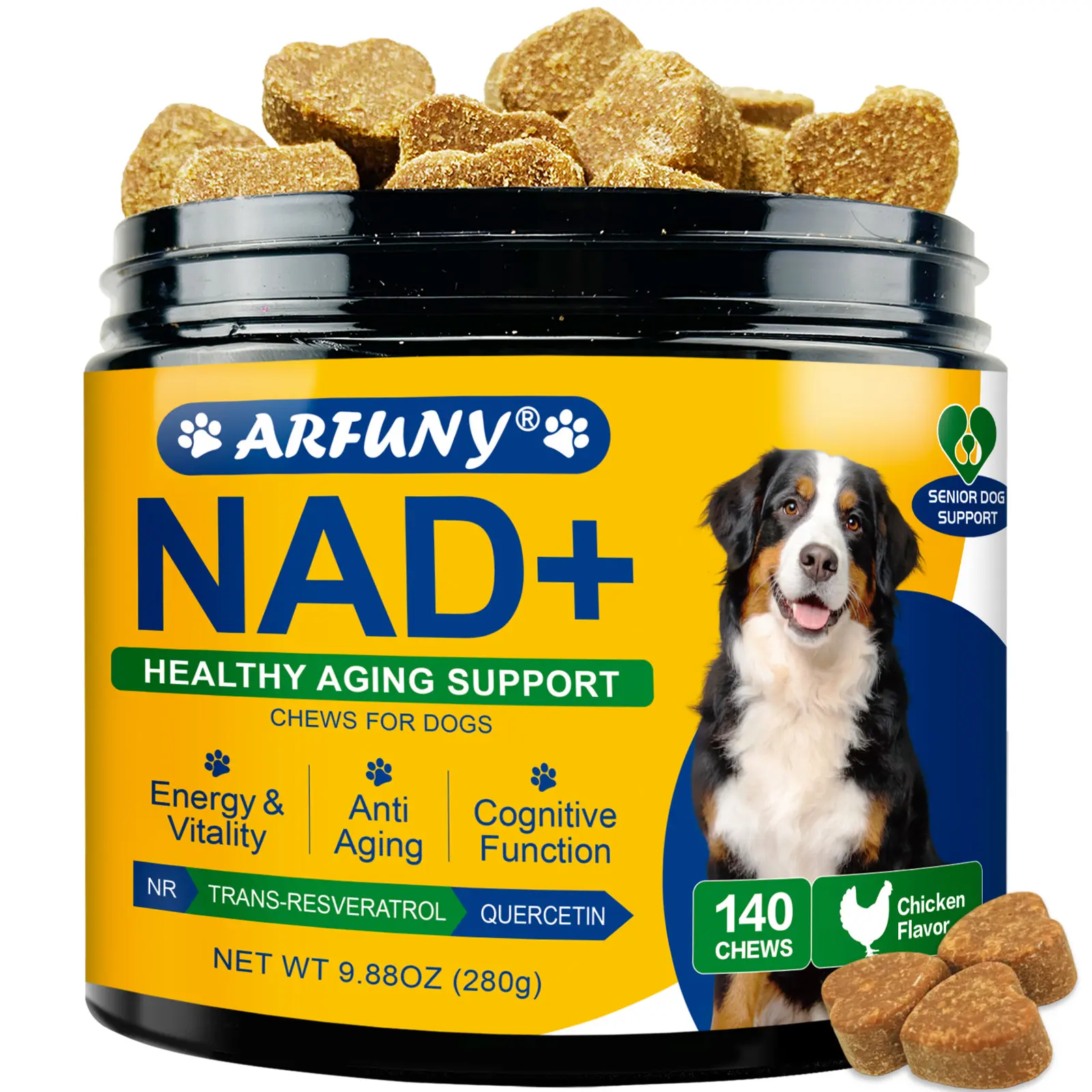 ARFUNY Pet Dietary Vitamin Healthcare NAD Soft Chewables - Chicken Flavor, 140 Chews, NR, Trans-Resveratrol, Quercetin, Glucosamine HCI for Daily Vitality, Hip & Joint Care, Healthy Aging Supplements