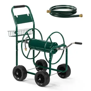 Garden Hose Reel Cart, Heavy Duty Water Hose Cart for Outside, Lawn Watering, for Garden, Yard, Lawn, Farm, Hold Up to 300 ft of 5/8’’ Hose, 4 PU Wheels, Storage Basket (Green)