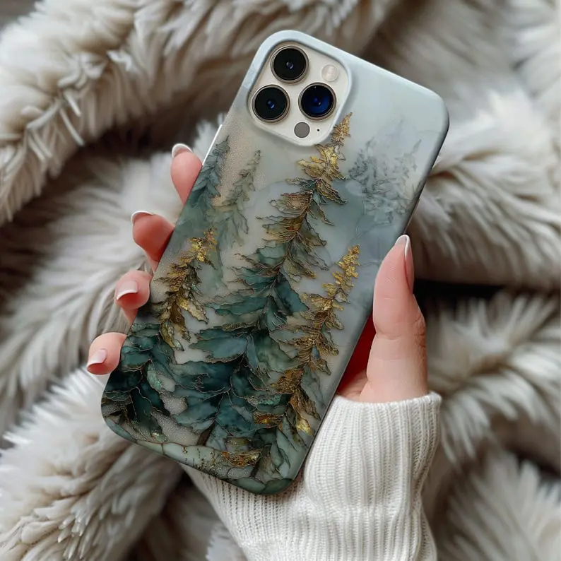 Stained Glass Pine Trees Phone Case Artful Trendy Snowy Winter Landscape Nature Lover Christmas Gift, Magsafe Phone Cases  For IP X 11 12 13 14 15 16 17 S21 S22 S23 S24 S25-Ultra Series