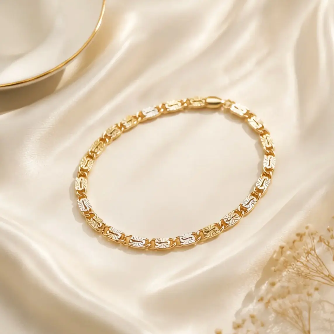 Women's 14K Gold Plated Tri-Color Fancy Link Bangle Bracelet, Waterproof Tarnish-Resistant Costume Jewelry, Elegant Modern Statement Piece, Ideal Birthday Gift for Mom
