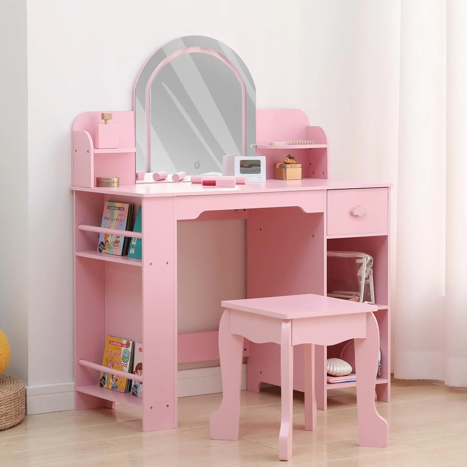 GAOMON Kids Wooden Vanity Set with Lighted Mirror & Stool | Adjustable Light, Bookshelf, Storage Drawer, Shelves for Girls 3-9, Pink