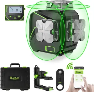 Huepar Laser Level Self Leveling 12 Lines Cross Line with LCD Screen 3 x 360° Bluetooth Connected Green Beam Tool 3D Horizontal Vertical Line Remote Control Rechargeable Battery