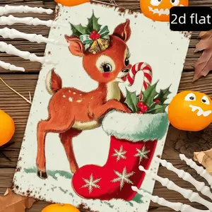 Vintage 1950s Christmas Deer Wall Decor with Candy Canes and Holly Retro Metal Tin Sign for Holiday Home and Coffee Shop Decor