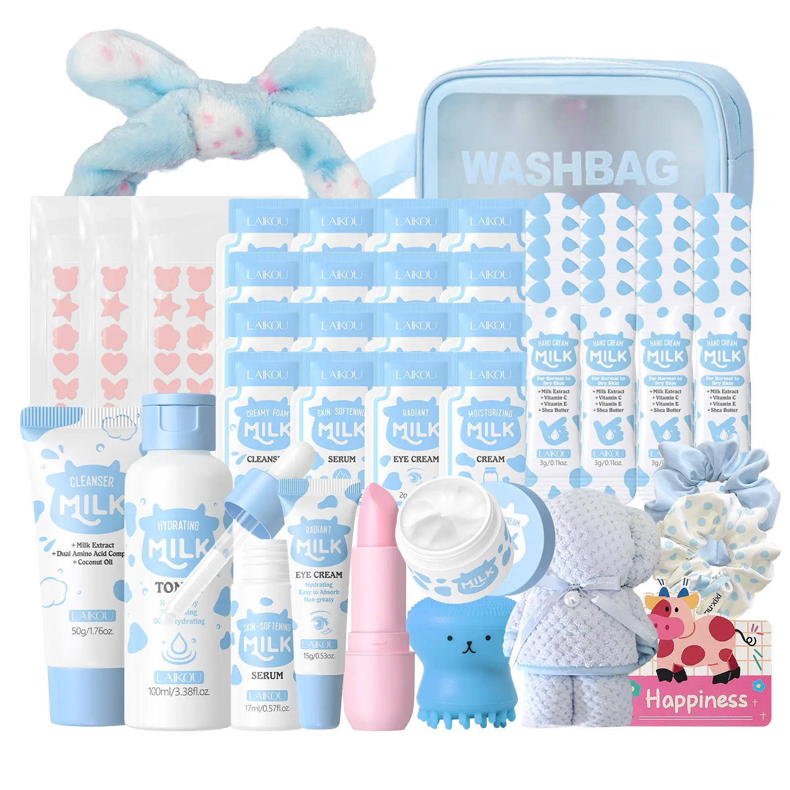 Milk Skincare Set — Skincare for girls ages 10–12 — Kids’ skincare set including milk cleanser, serum, face cream, toner, eye cream, hand cream, lip balm, pimple patches, octopus brush, bear towel, wash bag — gentle kids’ face wash set suitable for all sk