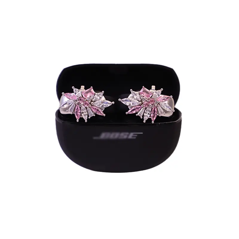 Clip on earbuds jewelry for Bo-se(Not incloud Earbuds),Decoration for bose clip on earrings,earring earbuds forbluetooth earphone [Majus Blooming Flower Design]Pink
