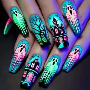 2025 Halloween Press on Nails Long Coffin Fake Nail with Holiday Design for Women 24pcs Pattern 17