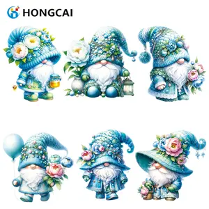 Blue Floral Gnome Heat Transfer Vinyl Set, 6 Pieces, Easy Iron-On Patches for Clothes, Bags, Hats, Perfect for Spring Party Gifts